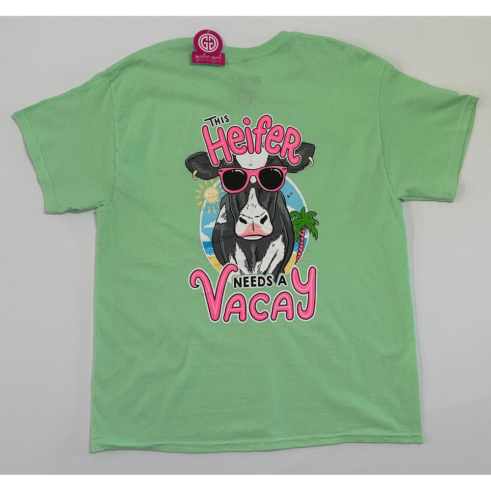 Girlie Girl Originals Heifer Needs A Vacay Cow Graphic T-Shirt Mint Green Large